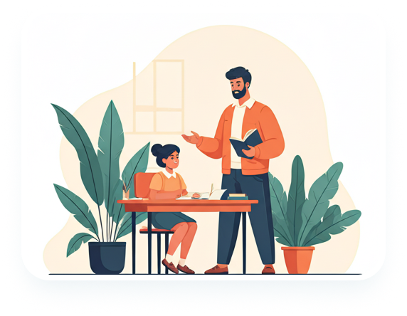 Teacher tutoring child English and Coding illustration background